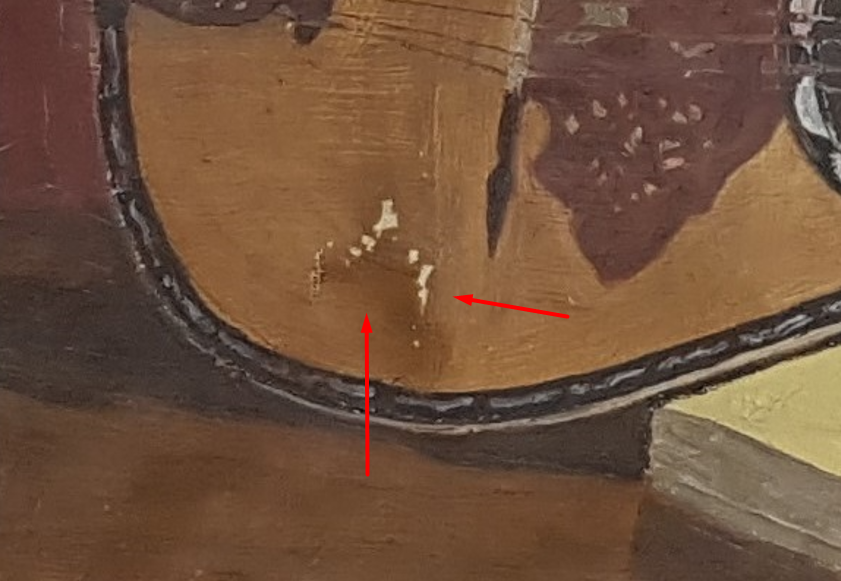 Original 1946 Swedish still life oil painting by Thure Wallner, depicting a vintage mandolin, a book with a rose emblem, and a green bottle, enclosed in a premium fabric-lined frame.