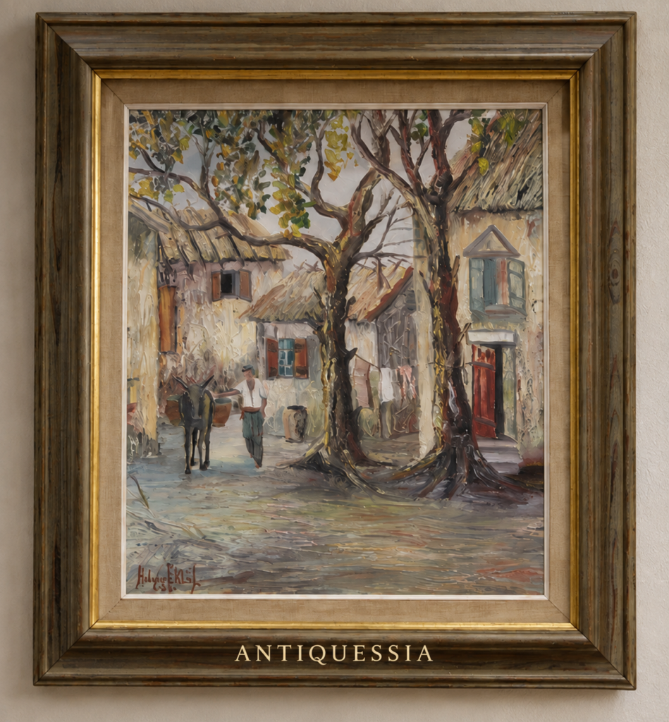 Original 1956 Swedish Impressionist Oil Painting "Southern Village Scene" by Holger Eklöf (73x65 cm)