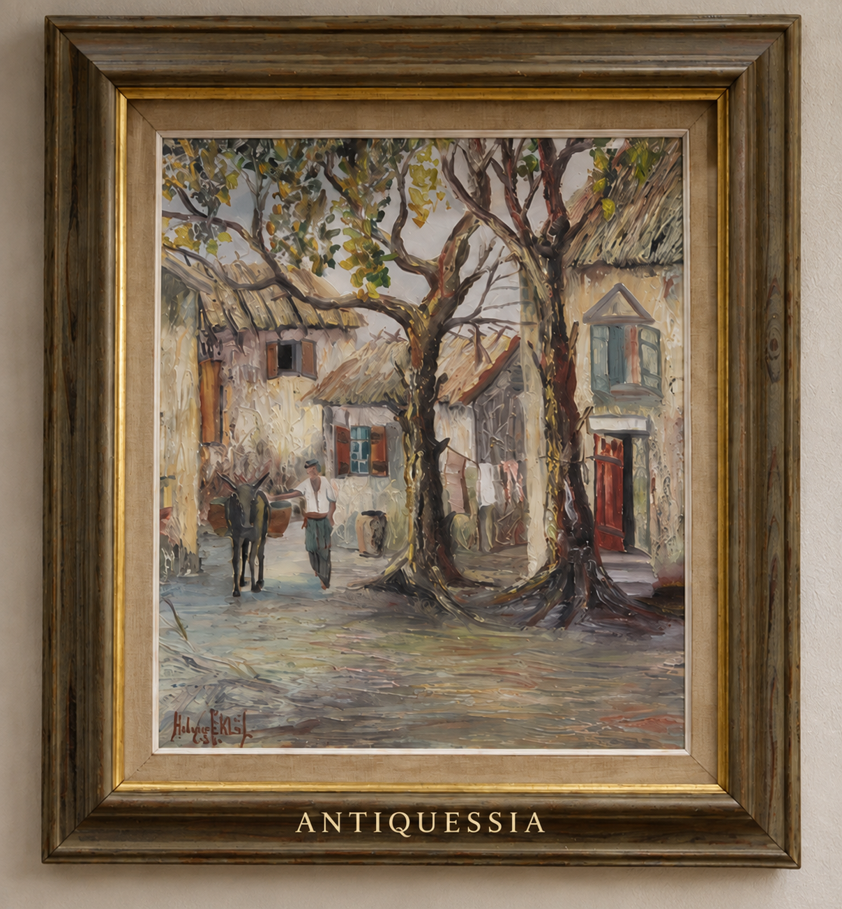 Original 1956 Swedish Impressionist Oil Painting "Southern Village Scene" by Holger Eklöf (73x65 cm)