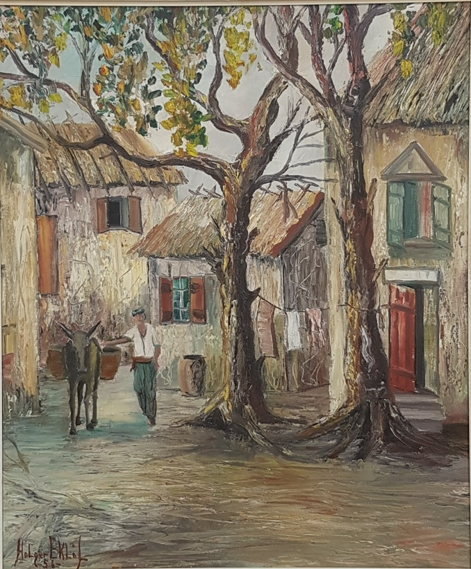 Swedish village scene painting by Holger Eklöf, dated 1956, depicting traditional Scandinavian houses in a rural landscape.