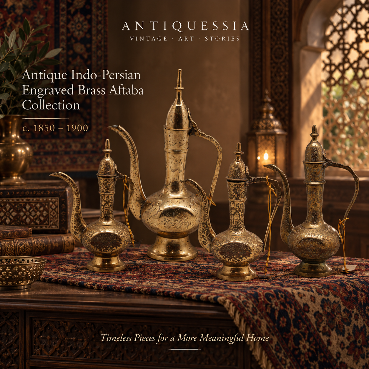 Antique Indo-Persian engraved brass Aftaba collection with ornate traditional decoration, c. 1850–1900