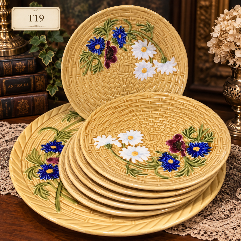 Vintage Majolica-style floral plate set from the 1950s, featuring colorful raised floral motifs, textured decorative details, and a charming mid-century European design.