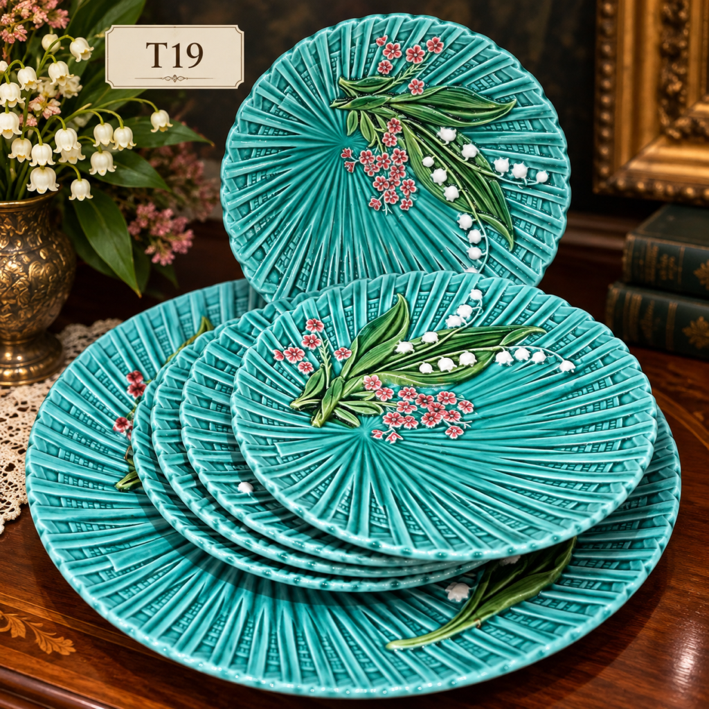 Vintage Majolica-style floral plate set from the 1950s, featuring colorful raised floral motifs, textured decorative details, and a charming mid-century European design.