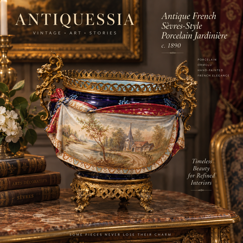 Antique 19th-century French Sèvres-style porcelain centerpiece cachepot in cobalt blue, featuring a hand-painted landscape signed Garnier, adorned with ornate gilt bronze ormolu mounts and handles.