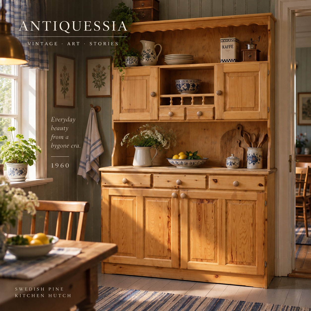Vintage Swedish solid pine kitchen hutch with open display shelves, small upper cupboards, decorative turned spindles, multiple drawers and panelled lower storage doors in a warm natural honey finish.