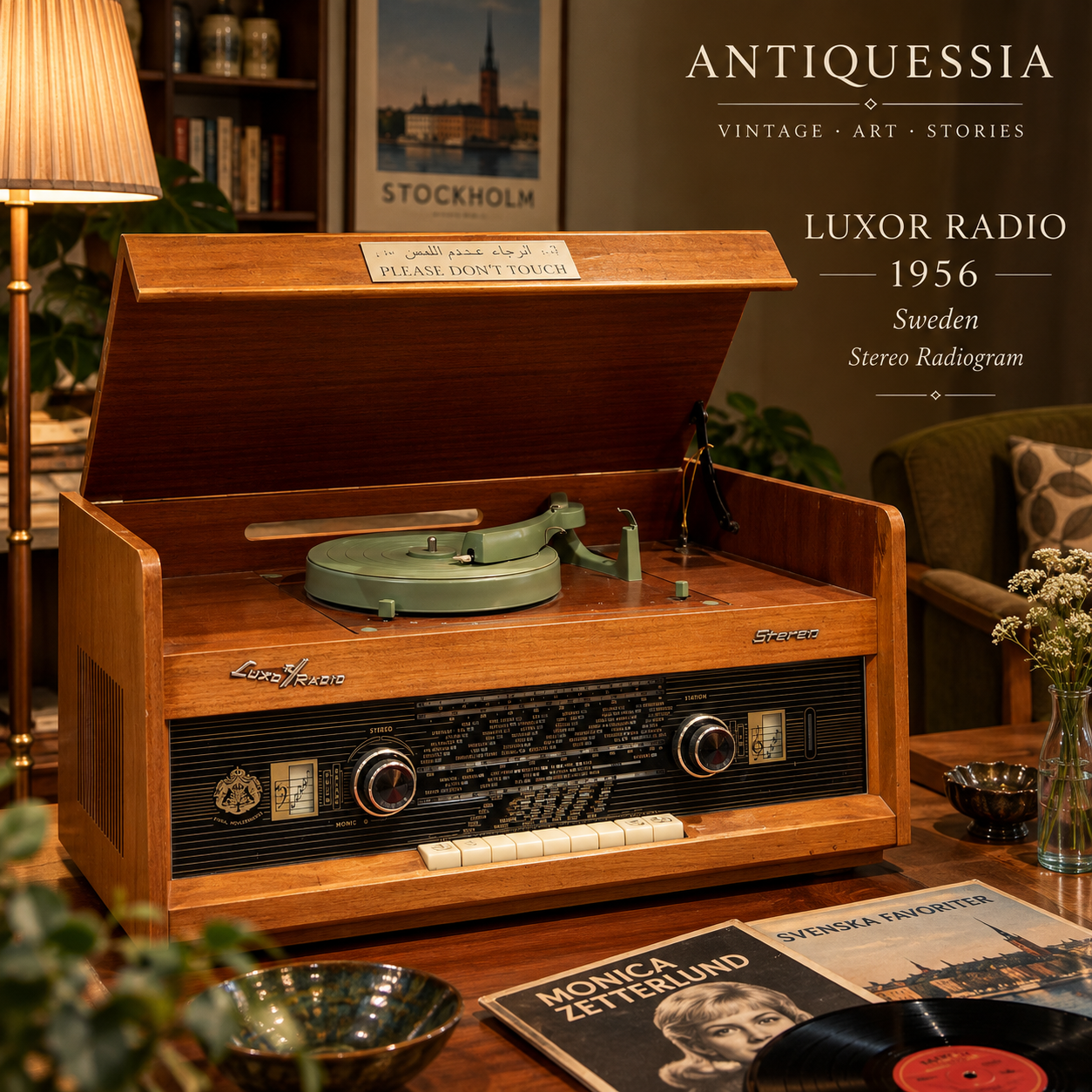 Front view of a vintage Swedish Luxor tabletop radio gramophone console made of rich brown wood with an open top lid showing a green turntable