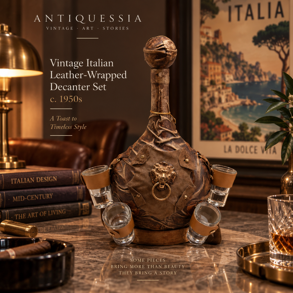 Vintage Mid-Century Italian leather-wrapped decanter set with a brass lion head emblem and matching glass shots on a white background.