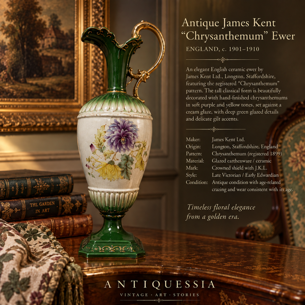Vintage James Kent JKL English porcelain pitcher vase featuring a painted purple chrysanthemum, deep green borders, and an ornate gold-gilded handle on a pure white background.