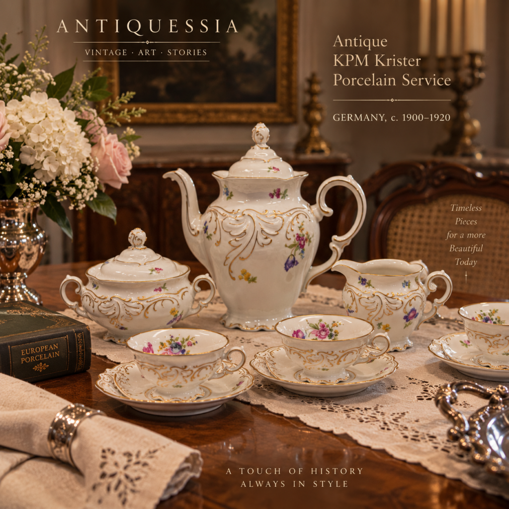 Extensive vintage 29-piece Polish KPM Krister porcelain tea and coffee set, featuring rich 24k gold-gilded baroque relief details and colorful floral bouquets on a scalloped ivory background.