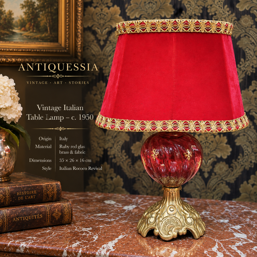 Vintage Italian table lamp, c. 1950, featuring a ruby-red glass body with gilt decoration, ornate brass base and deep red fabric shade with gold trim, measuring 35 × 26 × 16 cm.