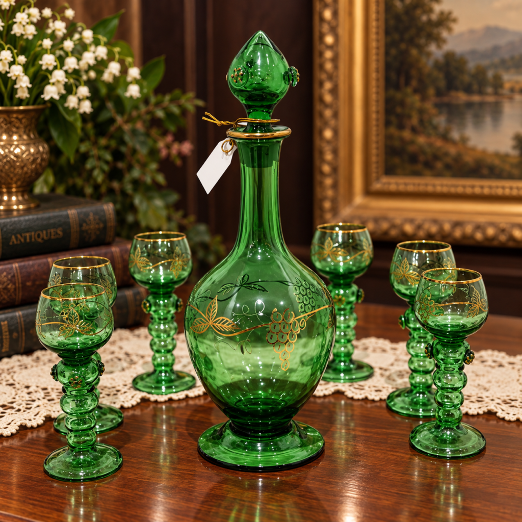 Vintage Swedish Trelleborg green glass decanter with six matching goblets, decorated with delicate gold details, displayed in an elegant antique interior.