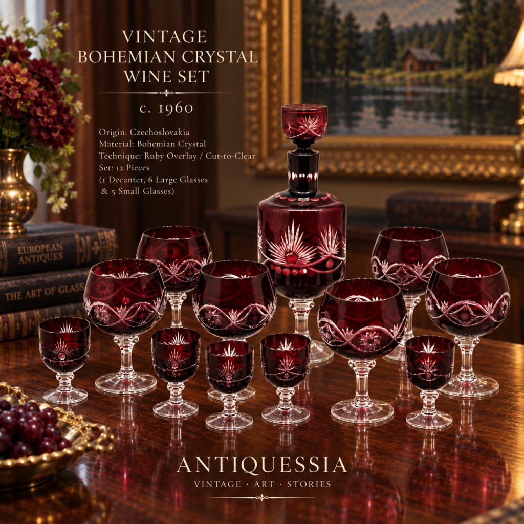 Vintage Bohemian ruby red cut-to-clear crystal wine set from Czechoslovakia, featuring a decanter with stopper, six wine glasses, and five cordial glasses decorated with hand-cut floral and starburst motifs.