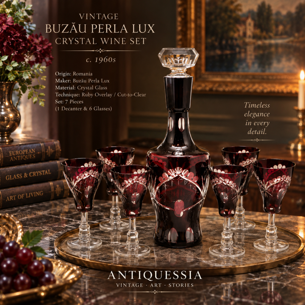 Vintage Romanian Buzău Perla Lux Ruby Crystal Wine Set — c. 1960s
