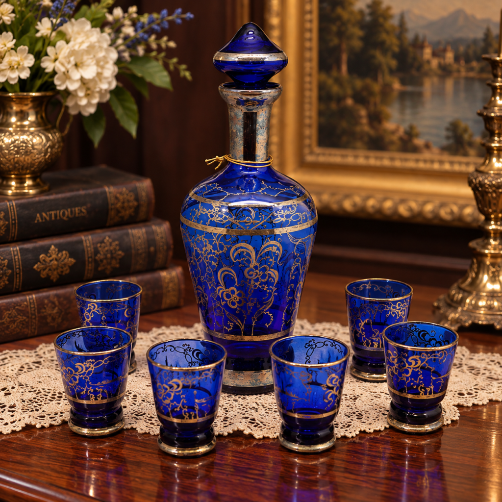 Seven-piece vintage Italian Murano cobalt blue glass liquor decanter set with matching stopper and six shot glasses adorned with detailed sterling silver floral overlay filigree.