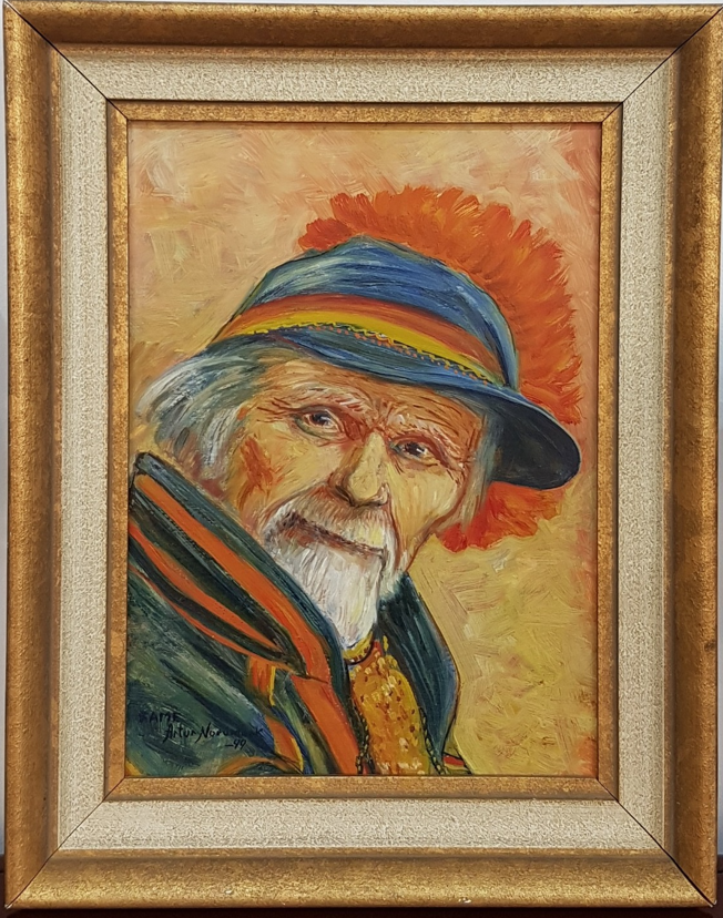Vintage signed oil portrait, dated 1949, depicting an elderly bearded man in a colorful traditional hat and scarf, 50 × 40 cm.