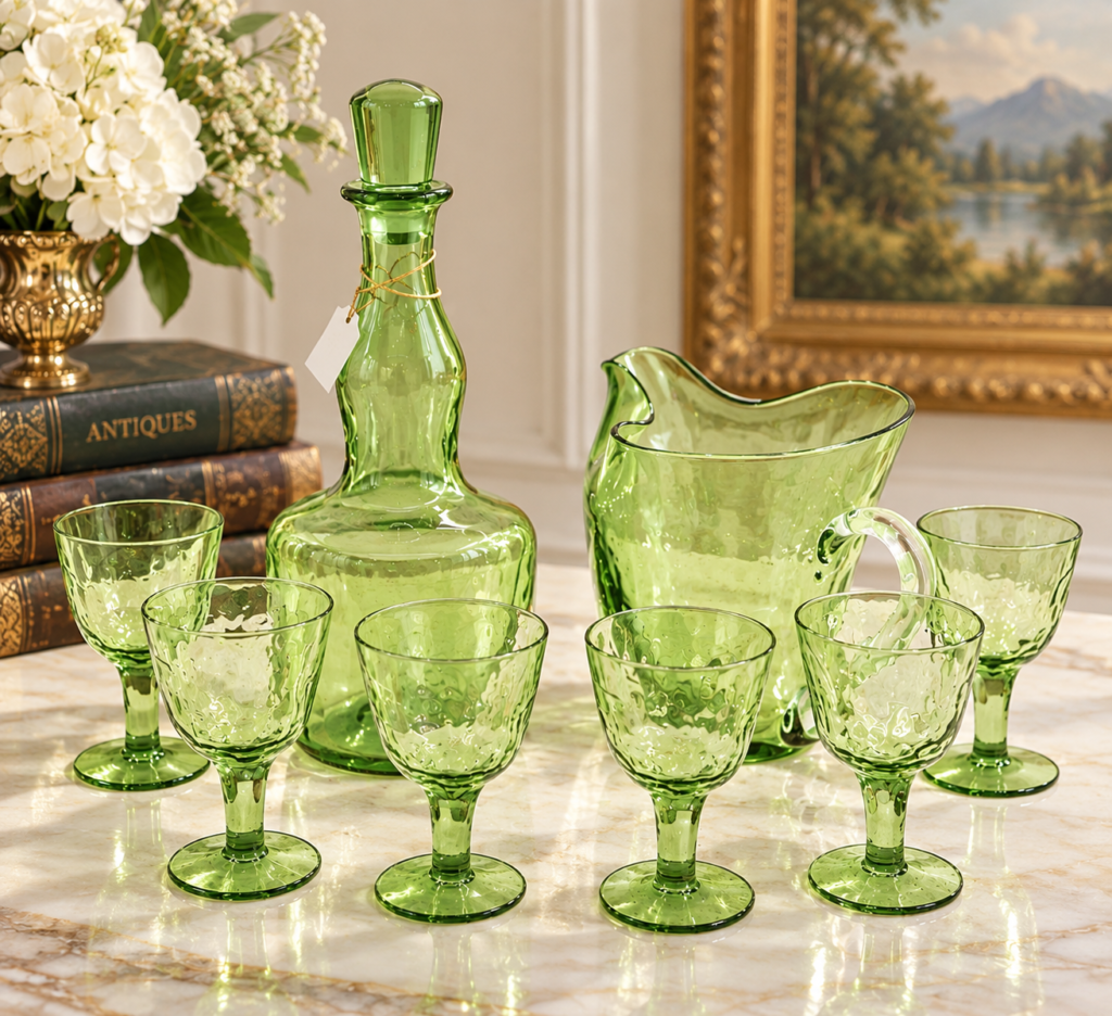 Vintage Swedish handmade green art glass drinking set featuring a textured bubble finish, including a decanter with stopper, matching pitcher and six stemmed glasses.