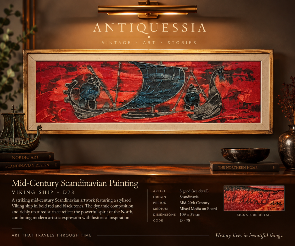 Vintage Swedish mixed media painting of a Viking ship on a textured red background by M Sundin, c. 1950s 
