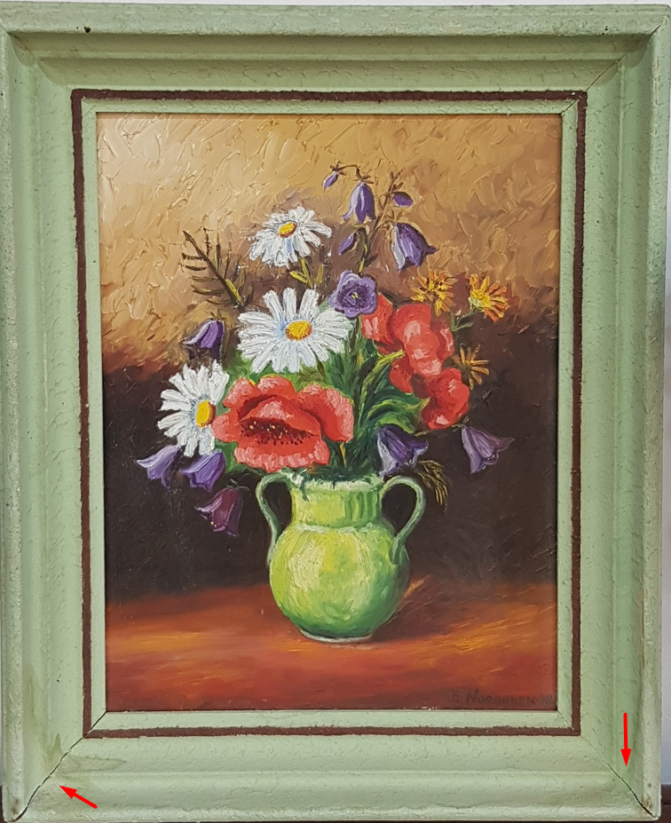 Original 1948 Swedish still life oil painting by B. Nordgren, featuring a vibrant bouquet of poppies and daisies in a green jug, framed in a vintage light-green wooden border.