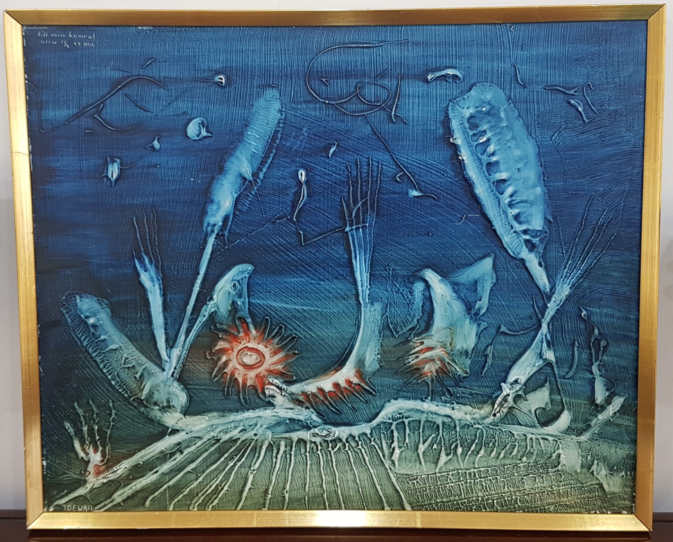 Original 1969 Swedish surrealist oil painting by Olle Idewall, featuring abstract blue sea life and coral motifs, framed in a gold-toned wooden border with a handwritten dedication on top.