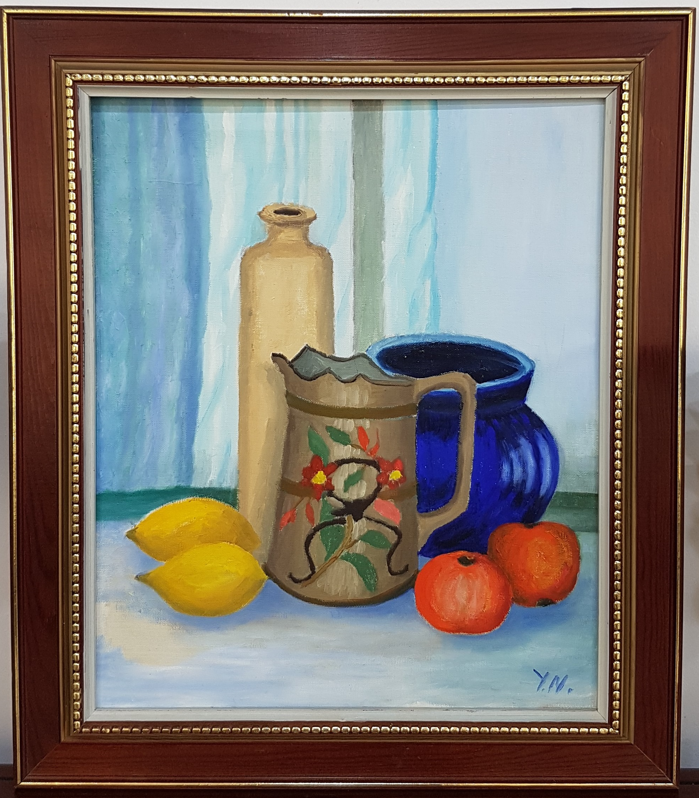 Original mid-century still life oil painting signed Y.N., featuring a ceramic floral jug, blue vase, yellow lemons, and red apples, framed in a premium brown and gold wooden border.