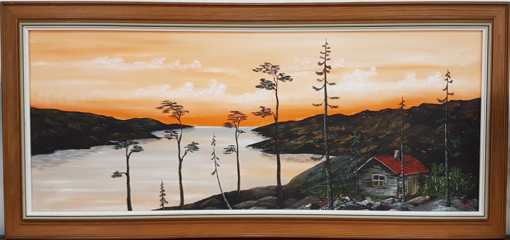 Vintage Scandinavian oil painting depicting an atmospheric mountain landscape, signed “KEY” and dated 1975.