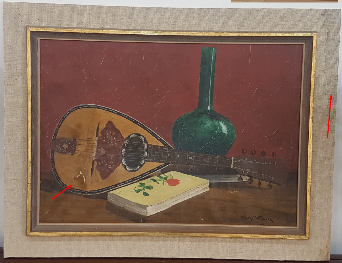Original 1946 Swedish still life oil painting by Thure Wallner, depicting a vintage mandolin, a book with a rose emblem, and a green bottle, enclosed in a premium fabric-lined frame.