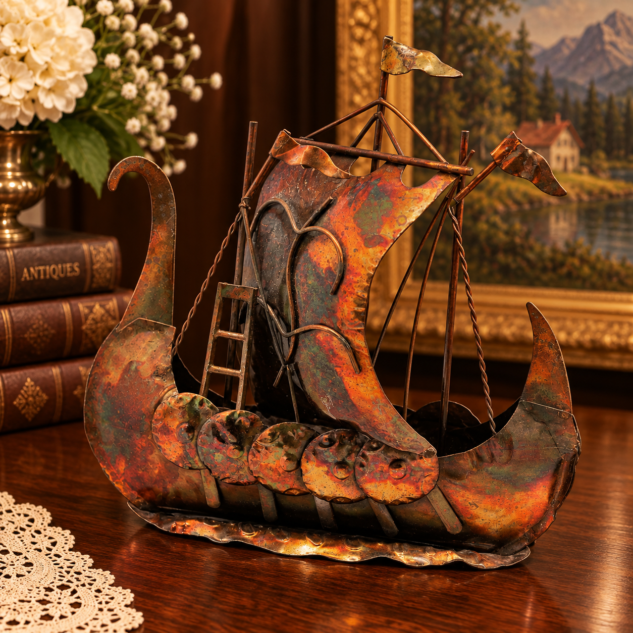 vintage decorative Viking longship sculpture, handcrafted from metal