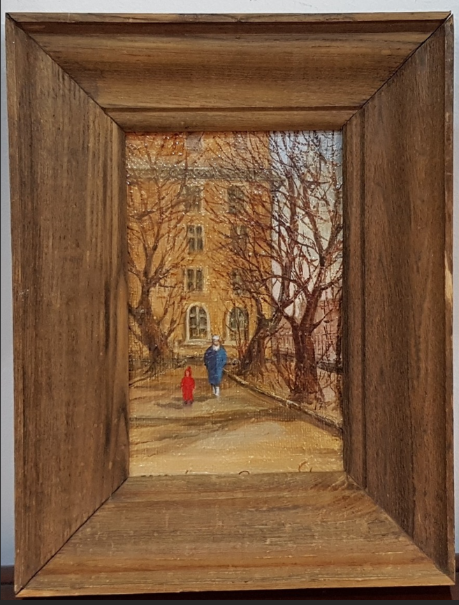 Antique oil painting depicting a traditional courtyard with buildings and trees, signed and dated 1925