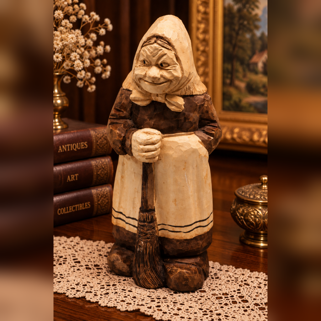 Front view of a vintage ERO Keramik Danish figurine of a smiling old peasant woman wearing a headscarf and holding a broom with a chiseled wood-look finish.