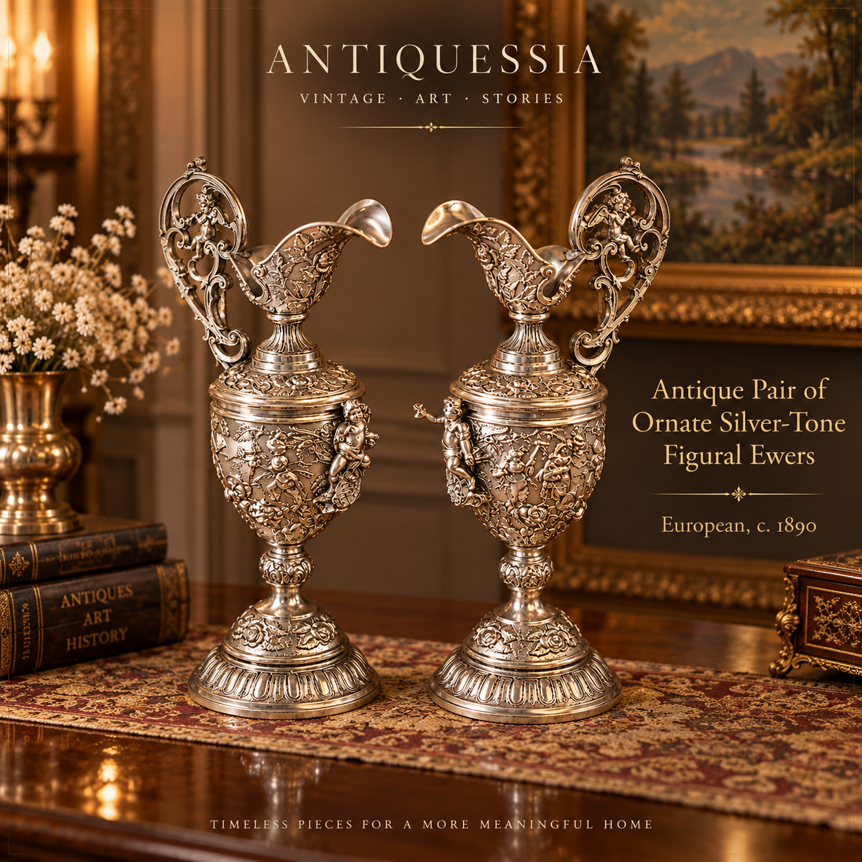 Pair of antique cut crystal ewers with ornate silver-tone mounts and decorative handles