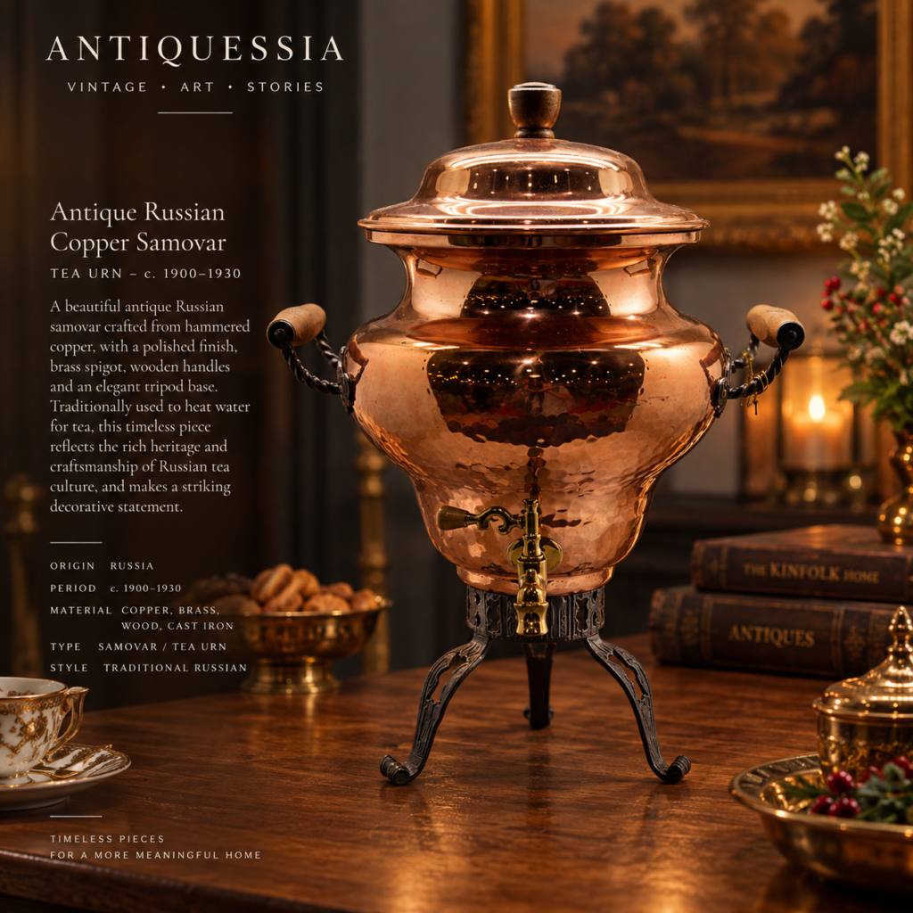 A vintage c. 1950s Scandinavian copper samovar hot water urn featuring light wood grips on black twisted handles, a brass spigot, and a black cast iron tripod base on a white background.