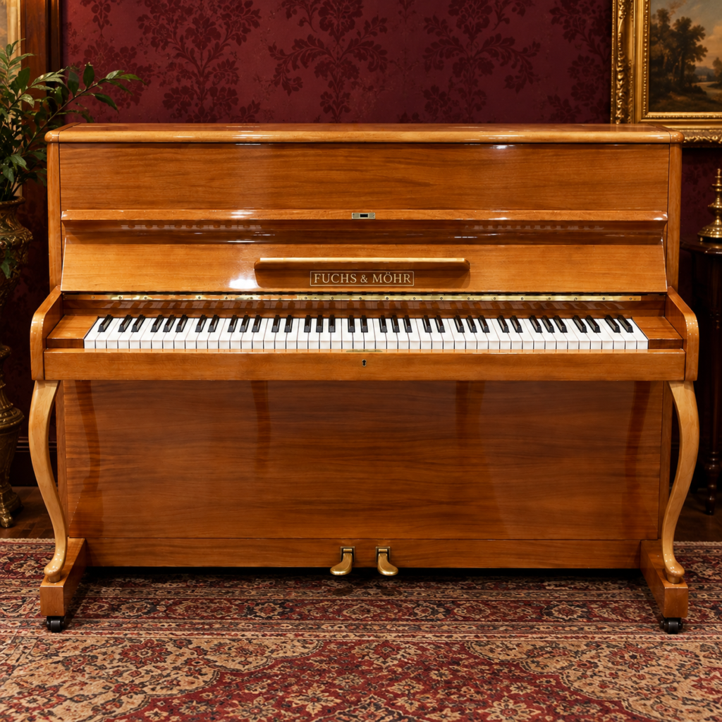 Antique Fuchs & Möhr German upright acoustic piano in polished wood, c. 1924, with elegant early 20th-century design and two pedals.