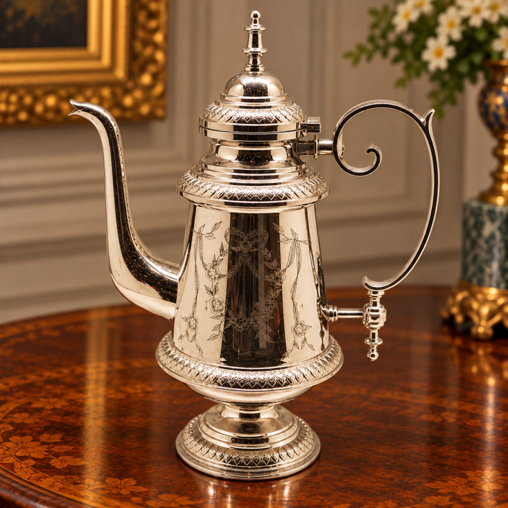 Antique Swedish silver plated coffee pot by Carl Keijser Co with ornate scroll handle and round pedestal base (c. 1900 - 1920)