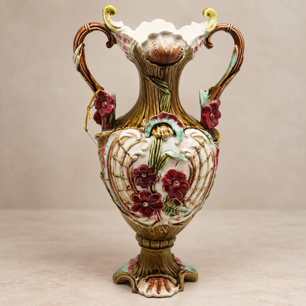 Vintage Italian majolica ceramic vase with twin handles, featuring high-relief burgundy flowers over a white lattice-textured pattern with olive green borders.