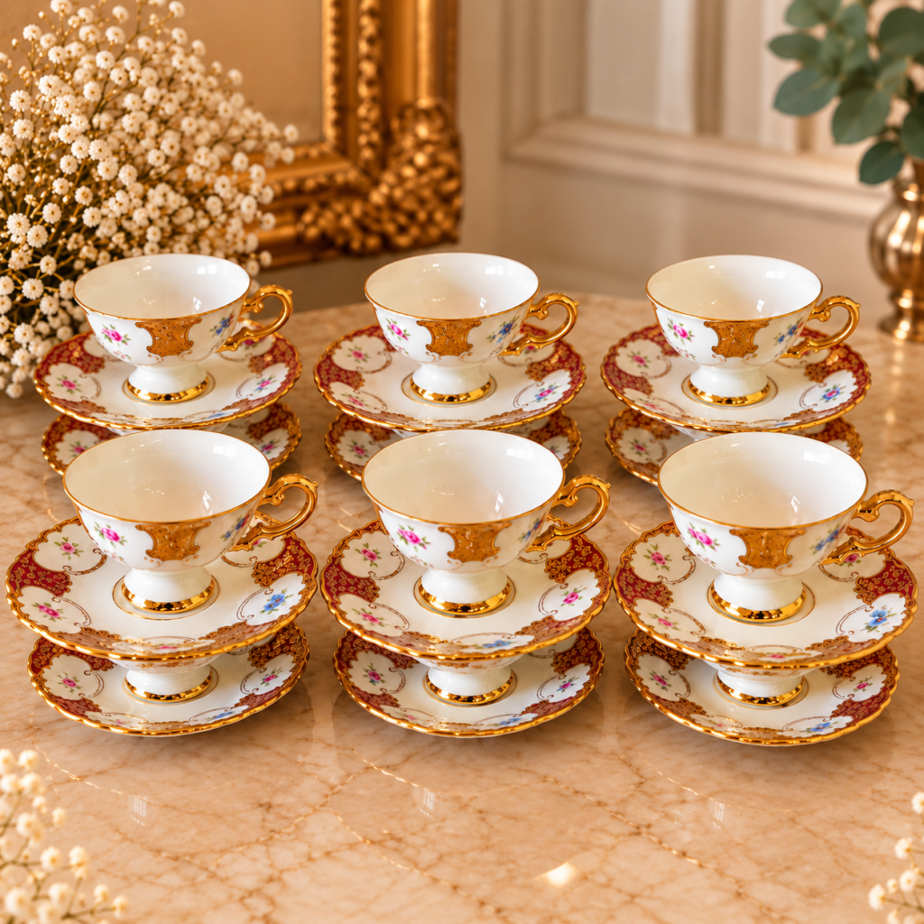 Rare vintage 24-piece German Mitterteich Bavaria porcelain demitasse cup and saucer set, featuring heavy 24k gold-encrusted filigree borders and delicate multi-floral bouquets on a pedestal design.