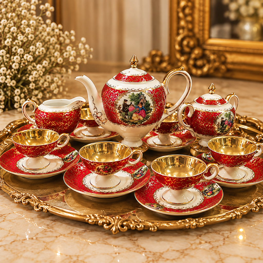 Extensive vintage European ruby red porcelain tea set with a large teapot, creamer, sugar bowl, and pedestal teacups featuring fully gold-gilded interiors and romantic Courting Couple scenes.