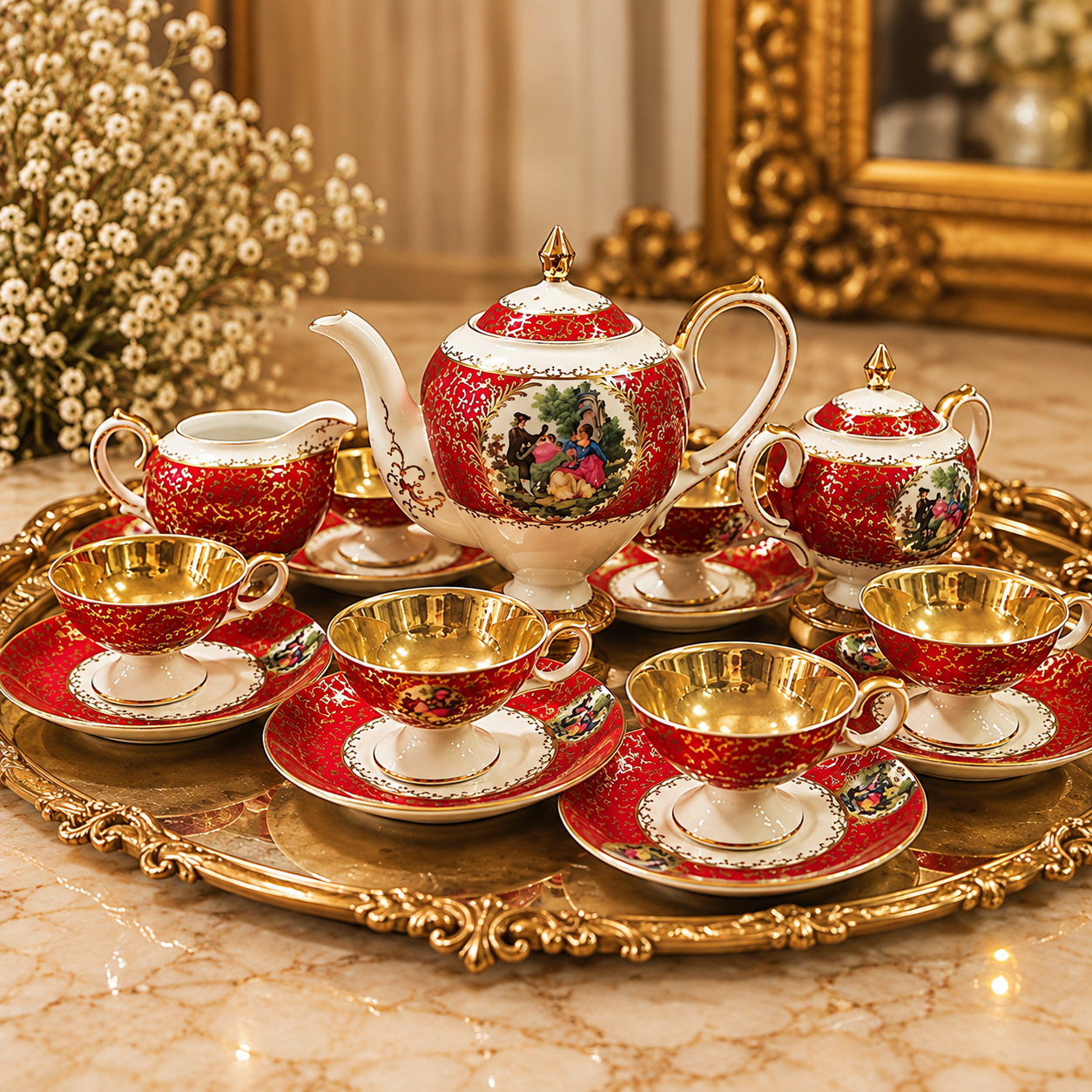 Extensive vintage European ruby red porcelain tea set with a large teapot, creamer, sugar bowl, and pedestal teacups featuring fully gold-gilded interiors and romantic Courting Couple scenes.