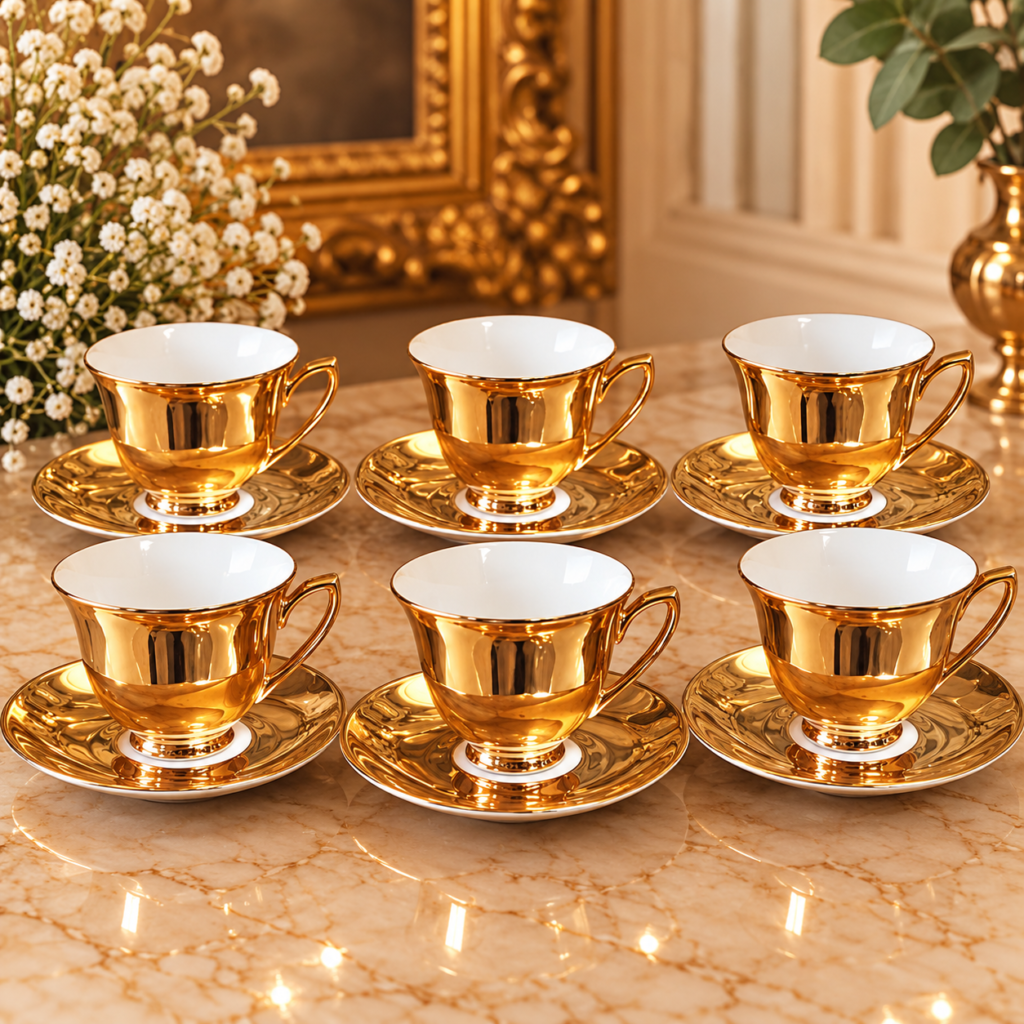 Rare vintage Czechoslovakian RKG porcelain tea set featuring high-luster 24k gold-gilded cups and matching reflective saucers with a white interior and a crowned hallmark on the base.