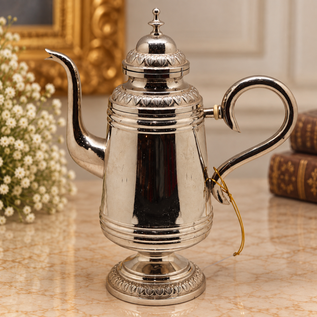 An antique c. 1900 Georgian style English silver-plated coffee pot, featuring intricate acanthus leaf relief borders on the lid, neck, and pedestal base with a C-scroll handle