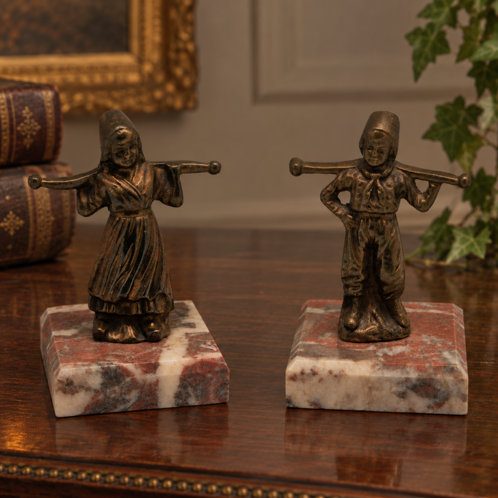A matching pair of antique 1920s Art Deco figural bronze patinated sculptures depicting a traditional Dutch boy and girl carrying shoulder yokes, mounted on red veined marble bases.