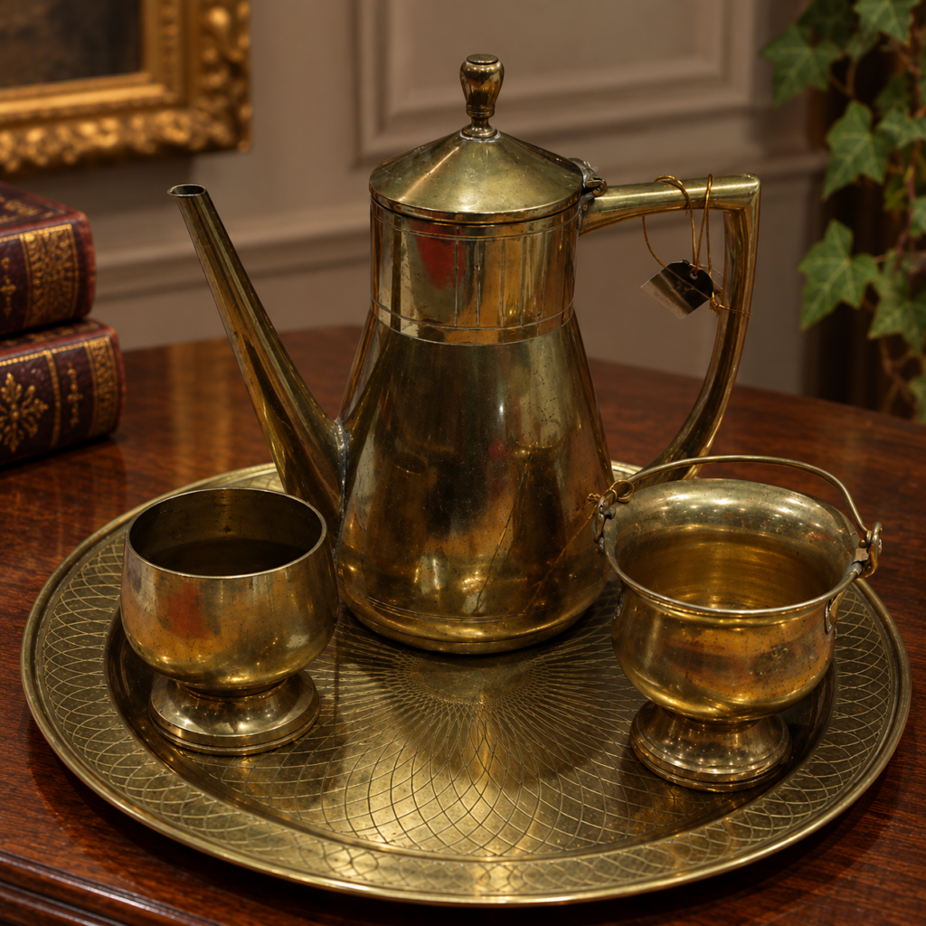 A vintage mid-century Scandinavian solid brass coffee service set including a tall teapot, a footed sugar bowl, a cream pail, and an engraved round brass serving tray.
