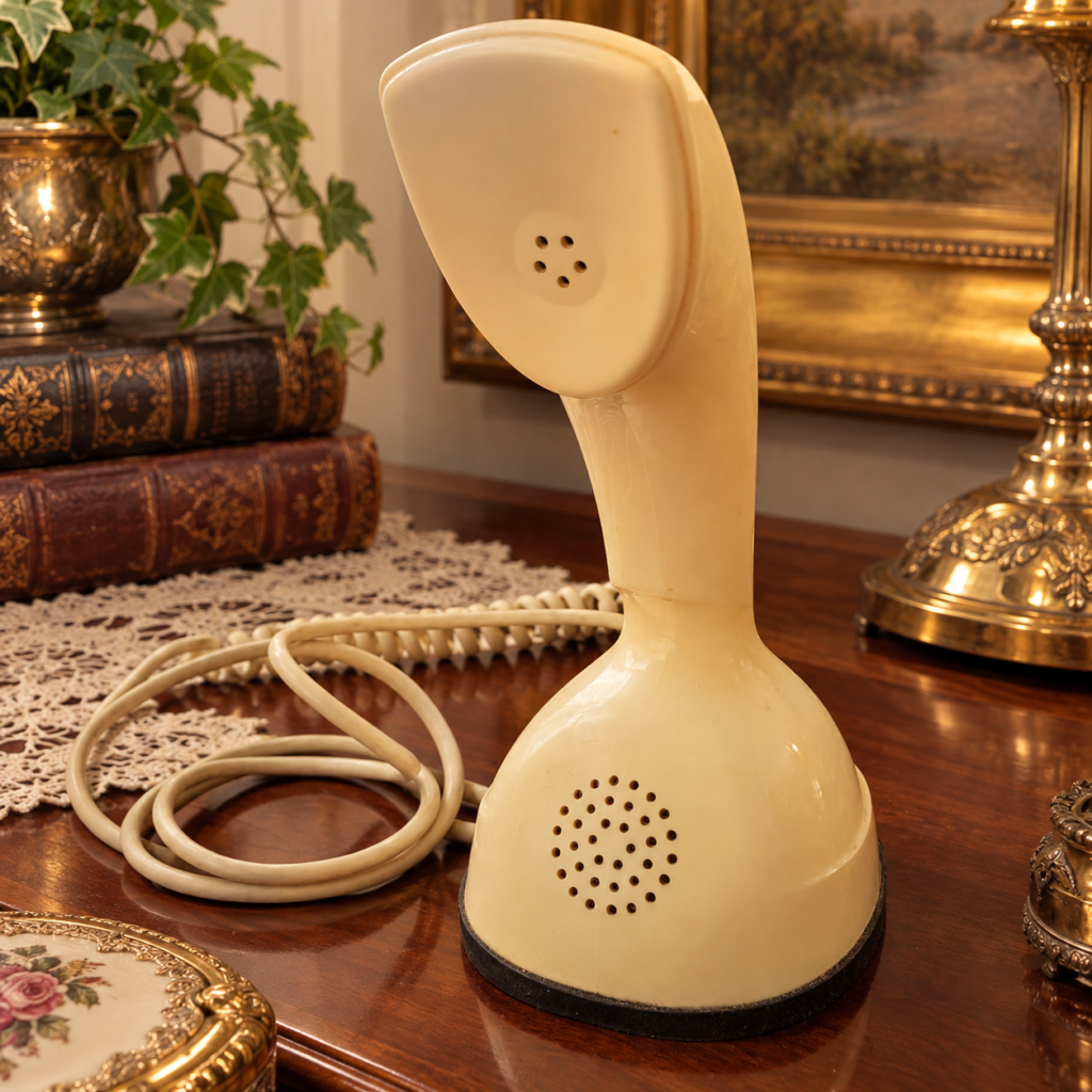 Vintage mid-century modern Ericofon Cobra stand-up telephone in Sahara beige plastic, designed by LM Ericsson with a rotary dial concealed underneath the base.