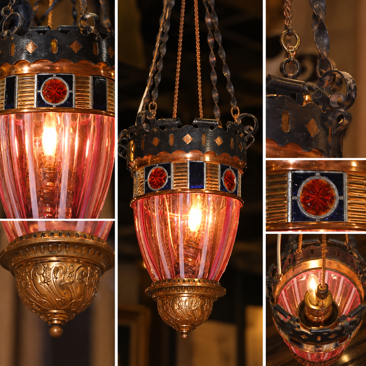 An antique c. 1900 Victorian hanging hall lantern made of ornate copper and brass, featuring a fluted pink cranberry glass body and a border of blue and gold stained glass on a dark background.