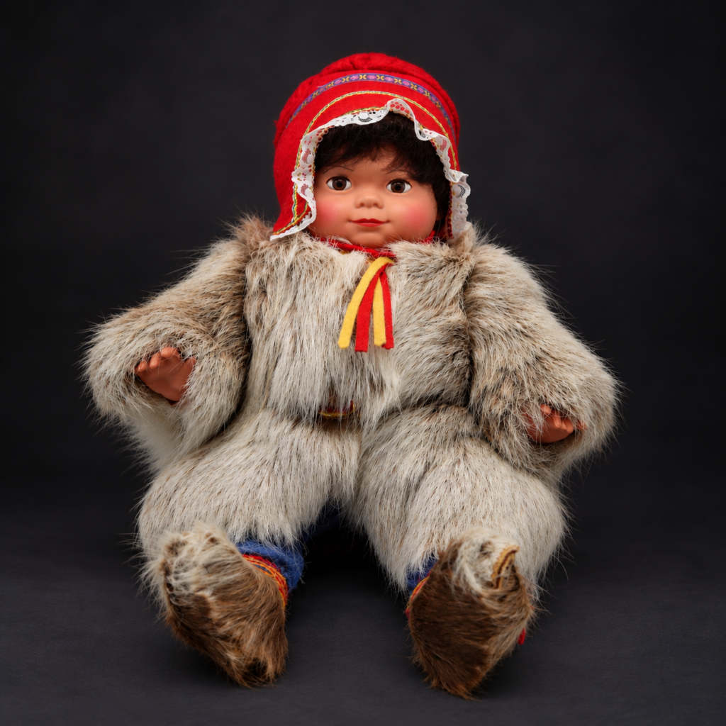Vintage Scandinavian Sami Lapland folk art doll wearing a genuine brown and gray reindeer fur coat with a red lace-trimmed hat on a light gray background