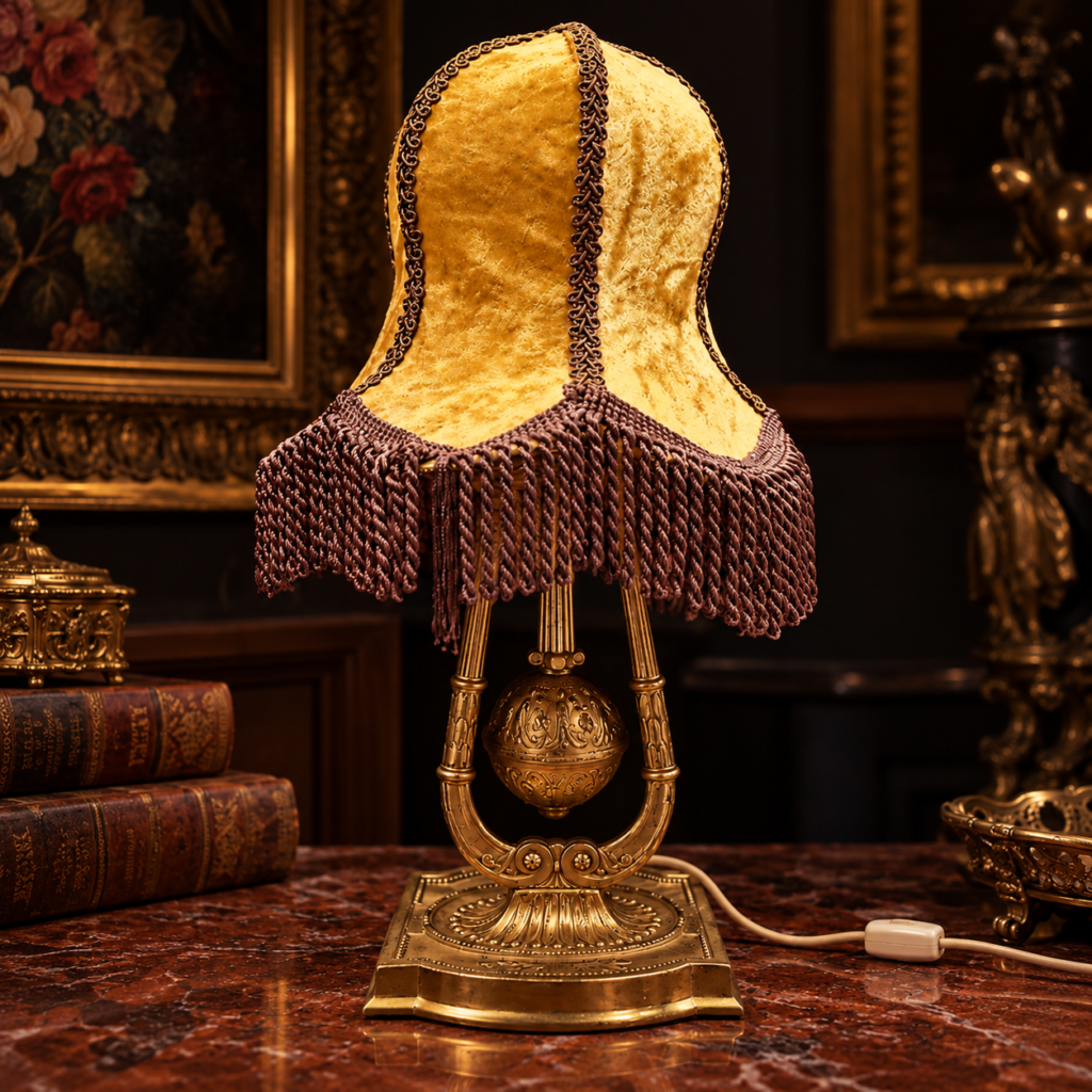 A vintage c. 1950s Victorian-style table lamp featuring a solid brass lyre-shaped musical base with a central engraved orb and a glowing gold crushed velvet shade adorned with heavy brown twisted cord fringe.