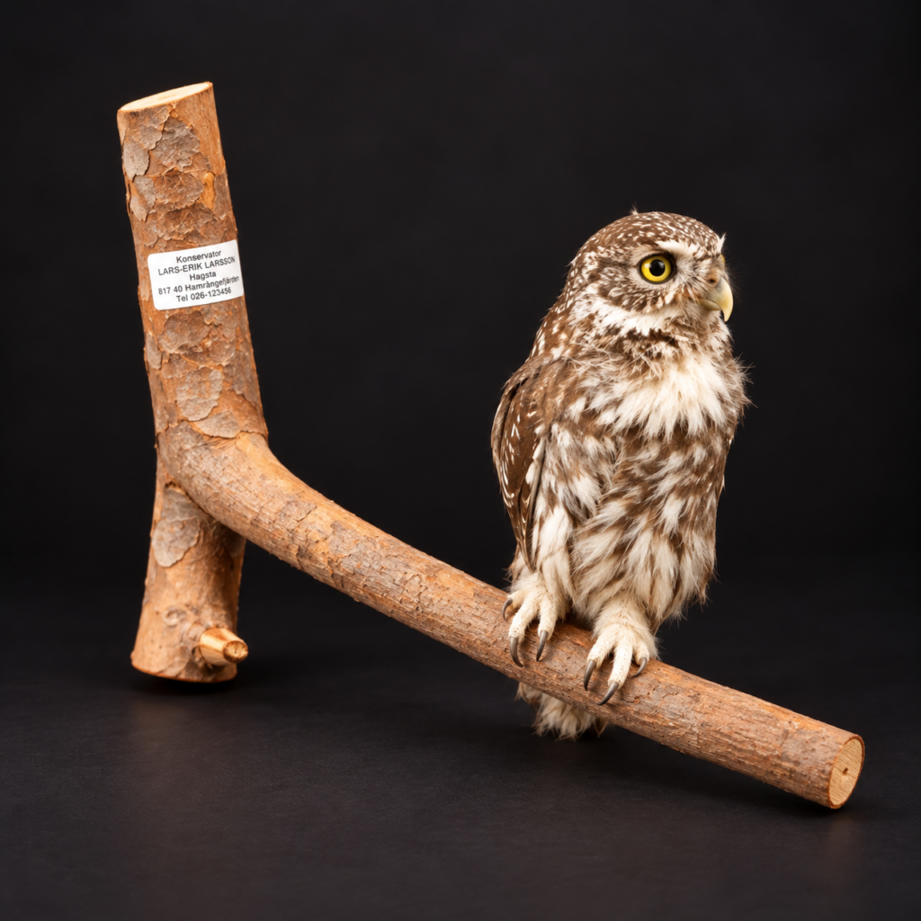 Full body taxidermy specimen of a Little Owl with vivid yellow eyes perched on an L-shaped rustic wooden branch over a black leather couch