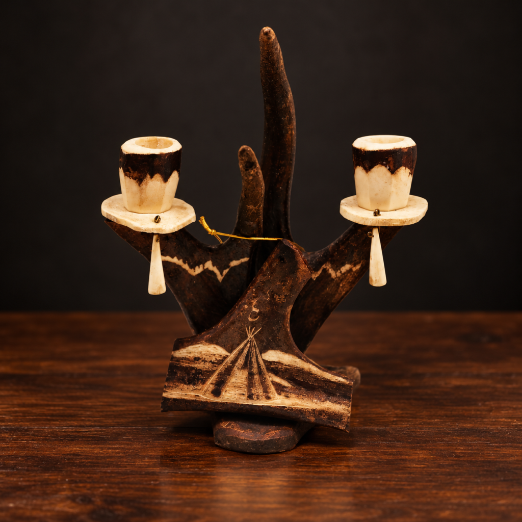 Vintage hand-carved Scandinavian Sami reindeer antler candle holder featuring an etched traditional Lavvu tent scene on a white background