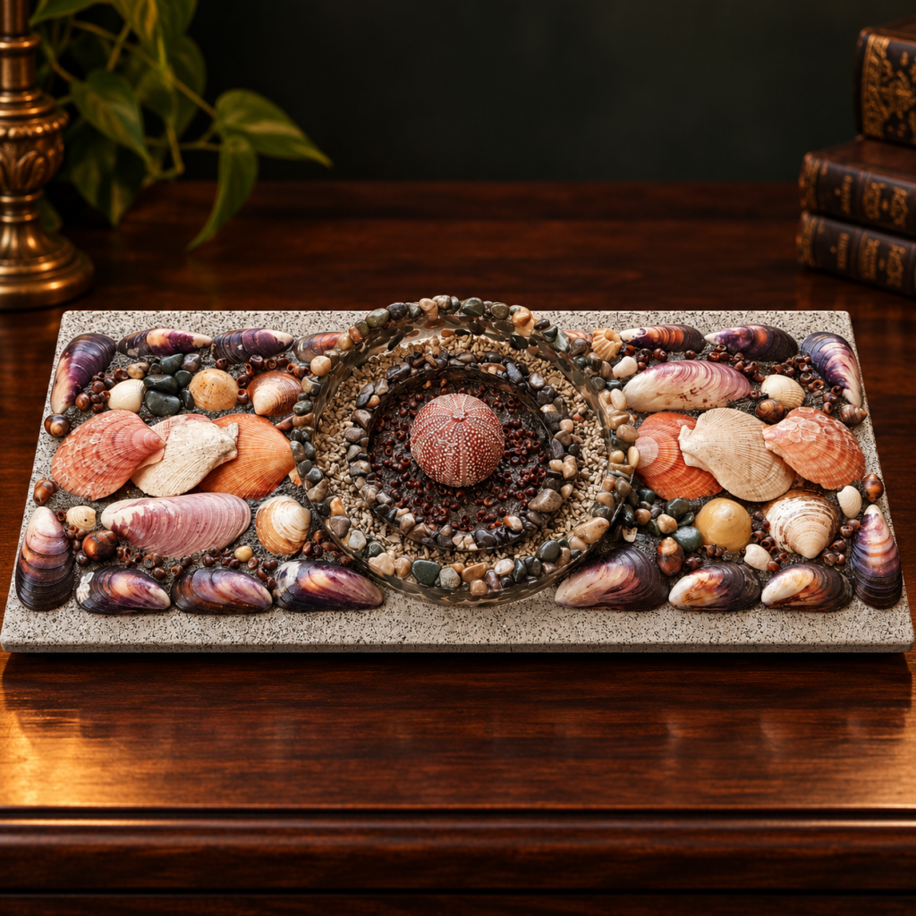 Handmade rectangular nautical mosaic art piece featuring a central pink sea urchin surrounded by shells and volcanic pebbles on a gray stone slab