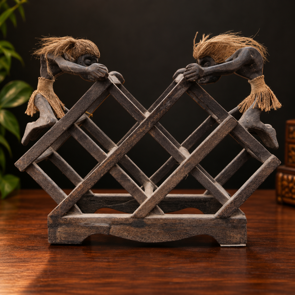 Front view of a dark brown hand-carved wooden wine rack featuring two Indonesian primitive tribal figures with straw skirts climbing a lattice frame on a wooden table.