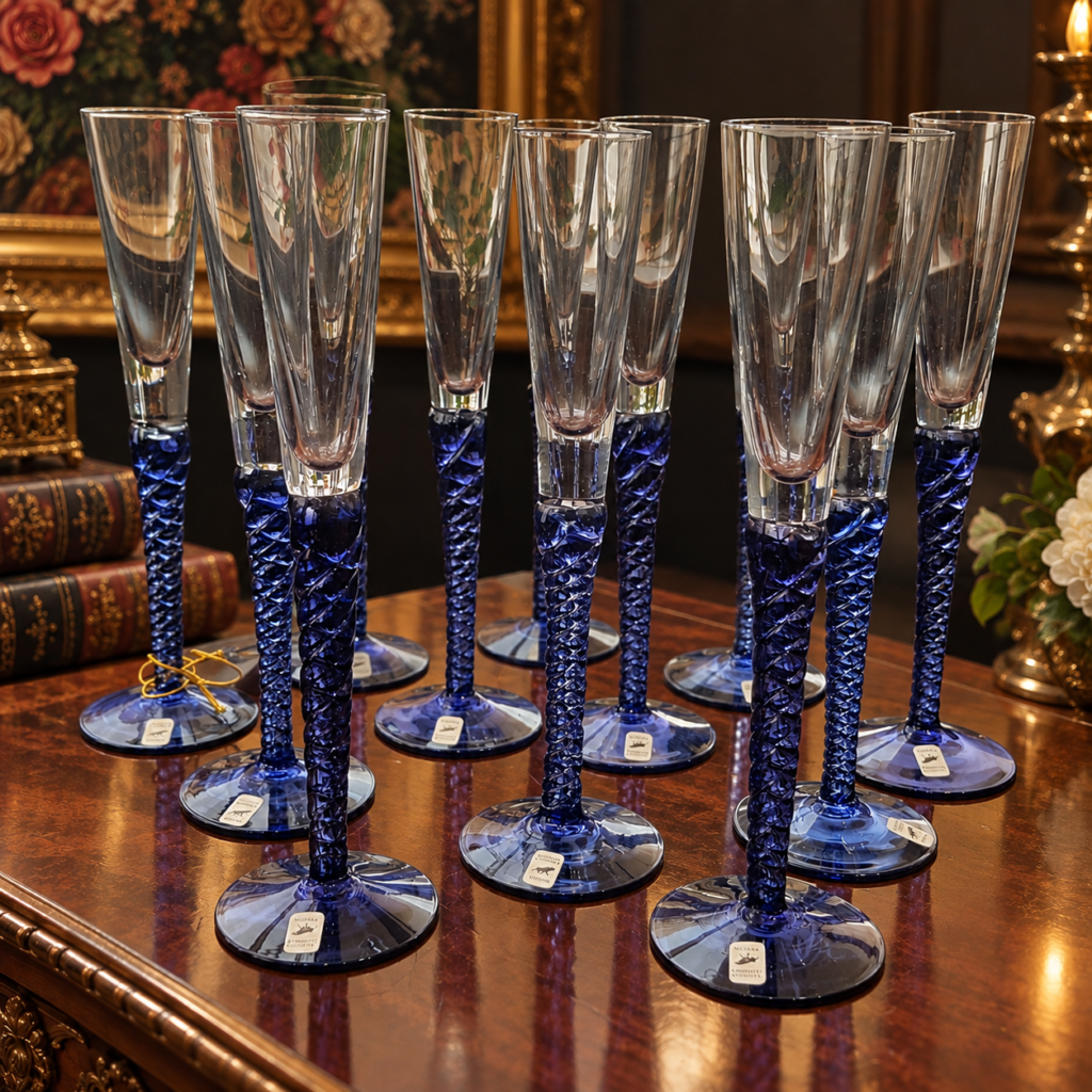 Set of ten vintage Swedish crystal champagne flutes from Älghults Glasbruk, designed by Rolf Sinnemark in the Twist pattern, featuring elongated clear bowls supported by hand-crafted cobalt blue twisted spiral glass stems.